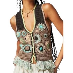 New! Free People Desert Rose Crochet Vest Festival Boho‎ Hippie NWOT Size XS